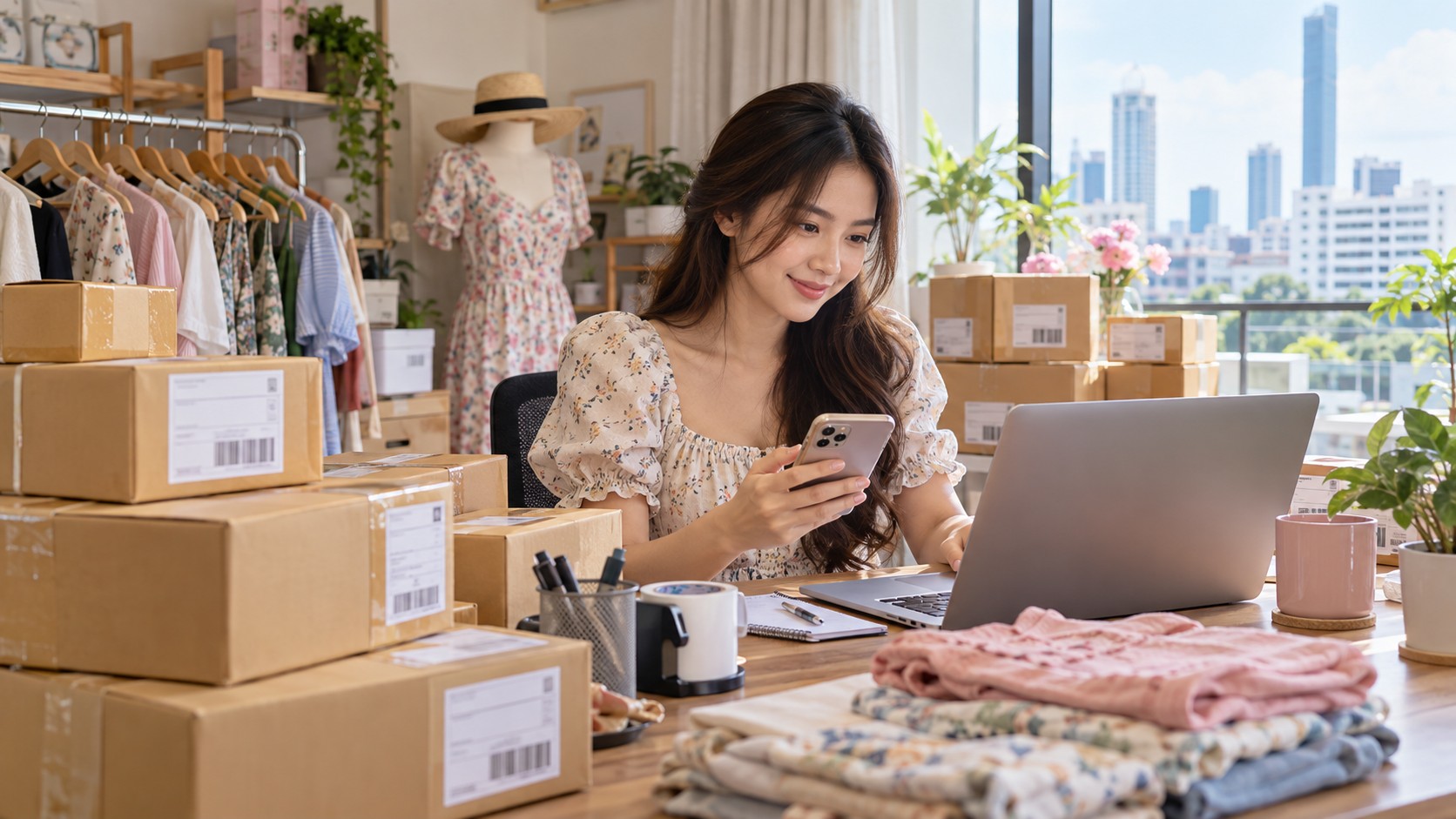 เจ้าของร้านออนไลน์คนไทยตอบแชทลูกค้าเรื่องสถานะพัสดุ ข้างกล่องพัสดุที่แพ็กพร้อมส่ง