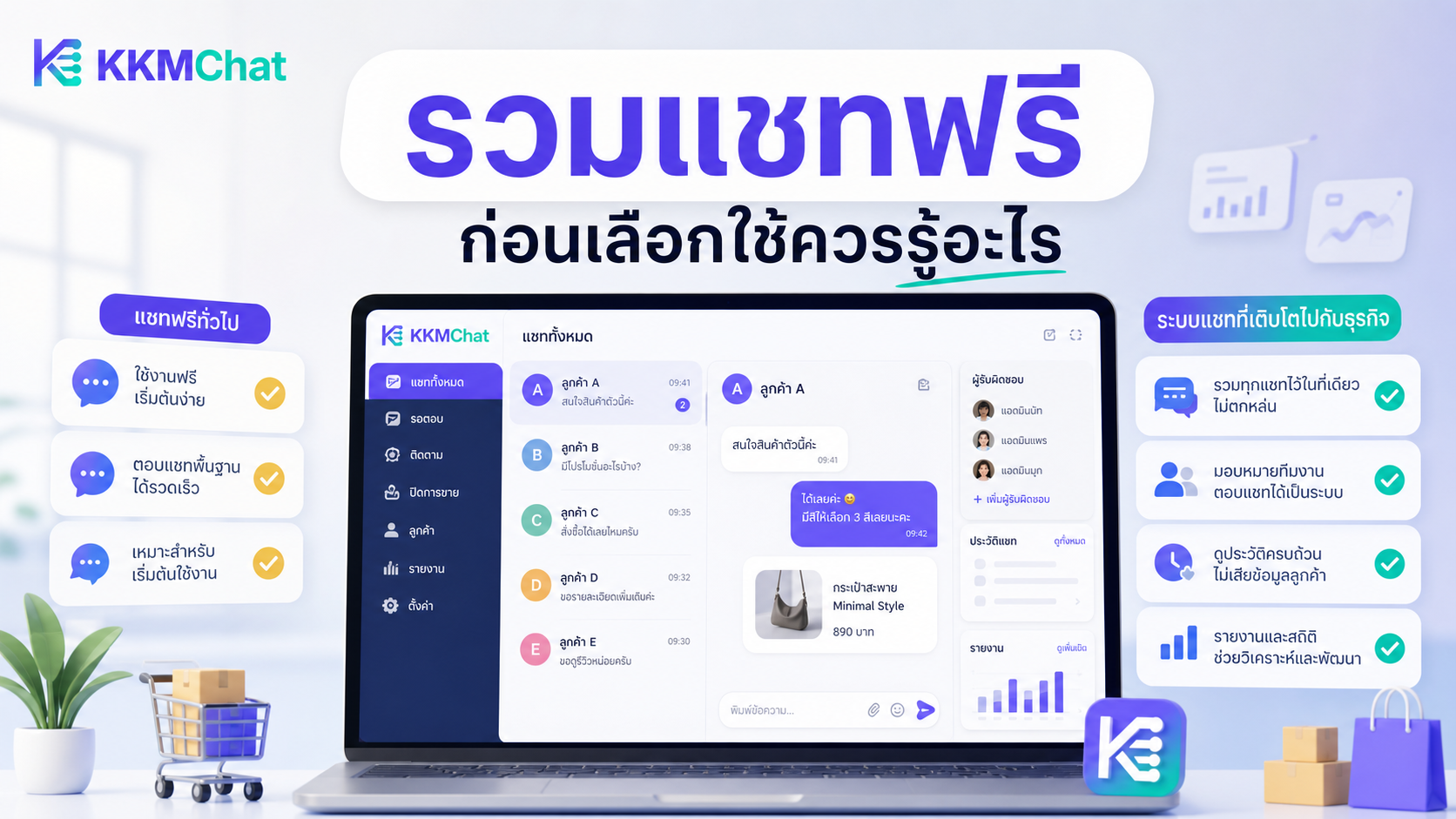 ภาพเปรียบเทียบระบบรวมแชทฟรีและระบบรวมแชทสำหรับร้านค้า พร้อมโลโก้ KKM Chat
