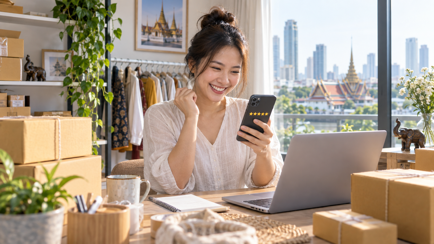 เจ้าของร้านออนไลน์ชาวไทยยิ้มขณะอ่านรีวิวห้าดาวจากลูกค้าบนสมาร์ทโฟนในออฟฟิศที่บ้าน