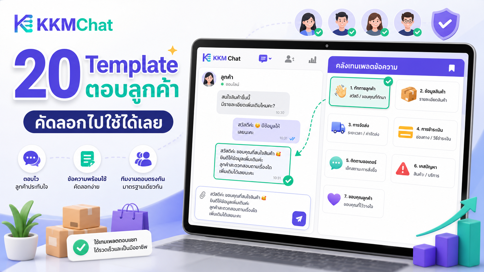 ภาพ KKM Chat พร้อมตัวอย่างเทมเพลตข้อความตอบลูกค้าสำหรับทีมแอดมินร้านค้าออนไลน์
