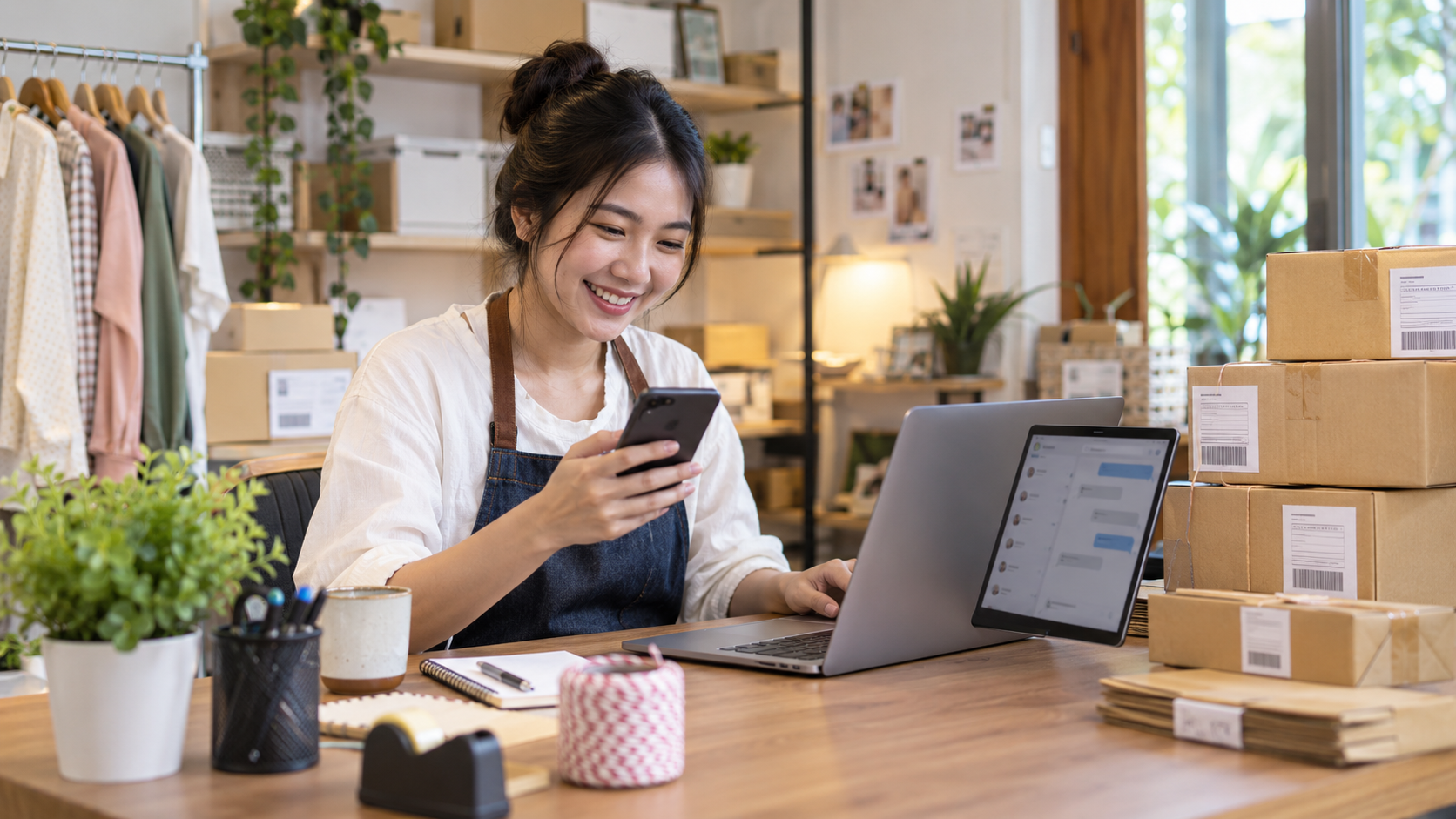 เจ้าของร้านออนไลน์ตอบแชทลูกค้าพร้อมกล่องพัสดุพรีออเดอร์