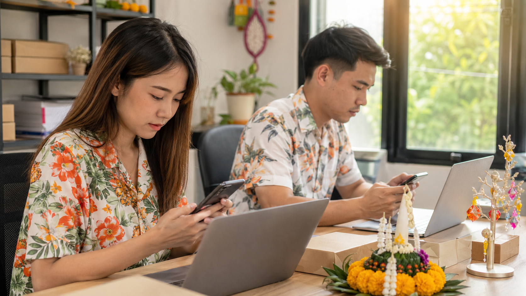 พนักงานร้านค้าออนไลน์ไทยตอบแชทลูกค้าช่วงเทศกาลผ่านแล็ปท็อปและมือถือ