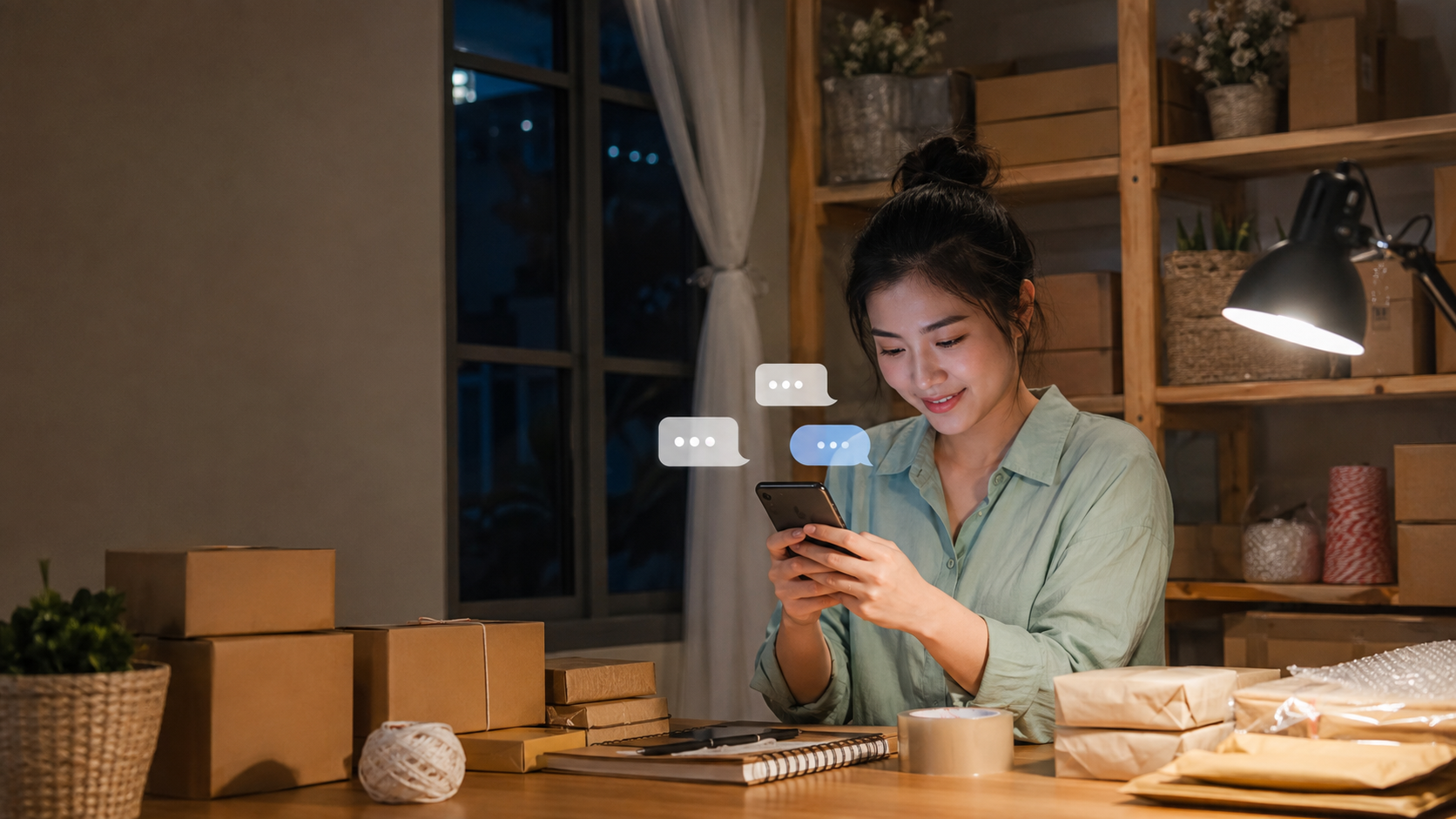 เจ้าของร้านออนไลน์ยิ้มดูข้อความตอบกลับอัตโนมัติในมือถือตอนกลางคืน